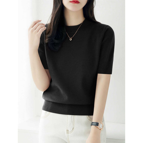 Elegant and Fashionable 5-Button Sleeve Knit Top for Women, Summer New Arrival, Slimming, Round Neck, Loose Fit, Layering Base Shirt