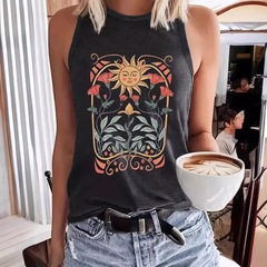 Alibaba.com Hot Selling Sun Print Spring and Summer Sleeveless T-Shirt Crew Neck Sweatshirt Women's Fashion Backless Top