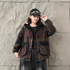 印花牛仔外套女 2025秋新款复古宽松大口袋连帽单排扣开衫上衣