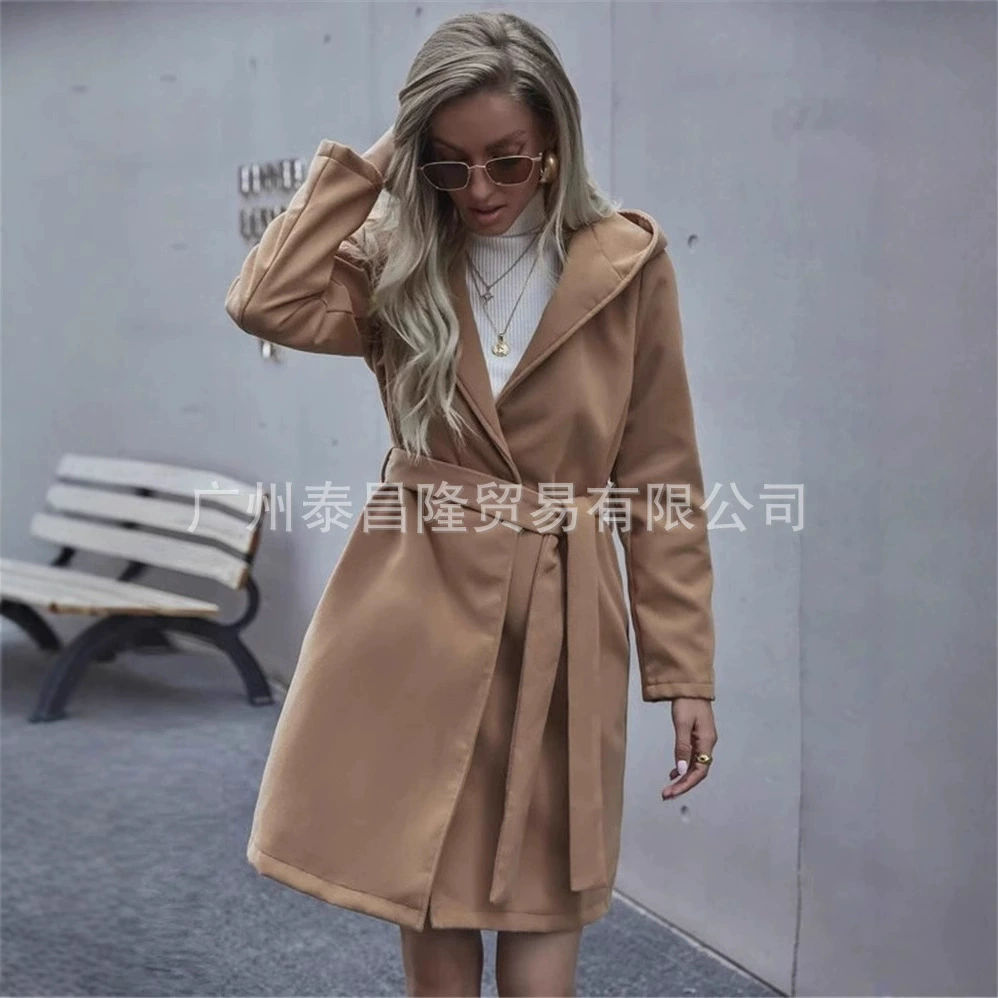 Европейская и американская женская одежда, осень и зима, простой и модный, без пуговиц, с поясом, с капюшоном, шерстяной плащ средней длины, повседневная куртка.
