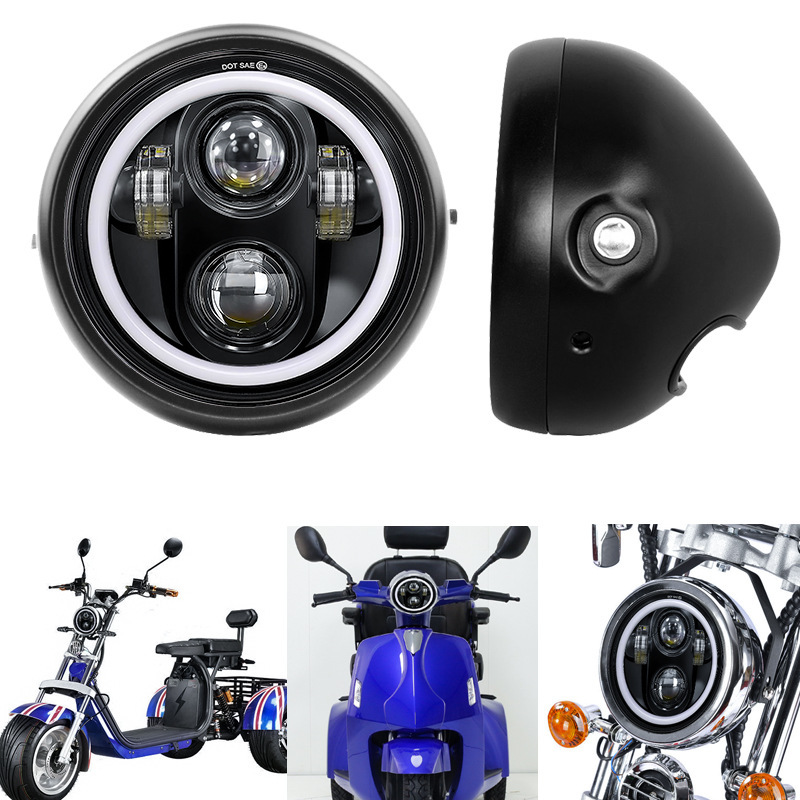 Cross-Border Motorcycle Led Headlight Motorcycle Modified Retro Headlight Angel Eye Headlight Led Metal Headlight