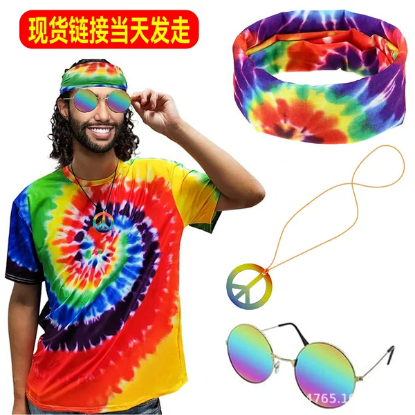 Hippie Kit Costume Props Peace Sign Halloween Carnival Party Colorful Earrings Headscarf Necklace Set