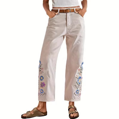 Women's Mid-Waist Loose Embroidered Jeans, Off-White Floral Print Straight Wide-Leg Pants, Cross-Border Casual Long Pants