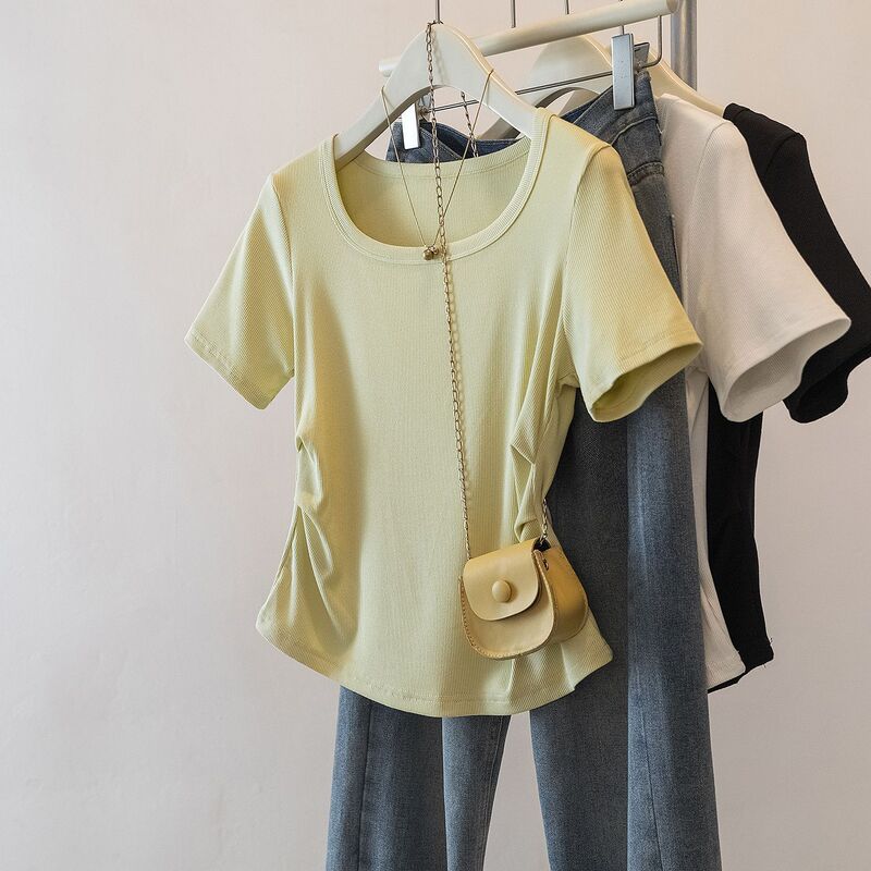 2026 Summer New Style Wide Collar Short-Sleeved T-Shirt for Women Plus Size Women's Clothing Waist Slimming Fashionable Sports Top for Women