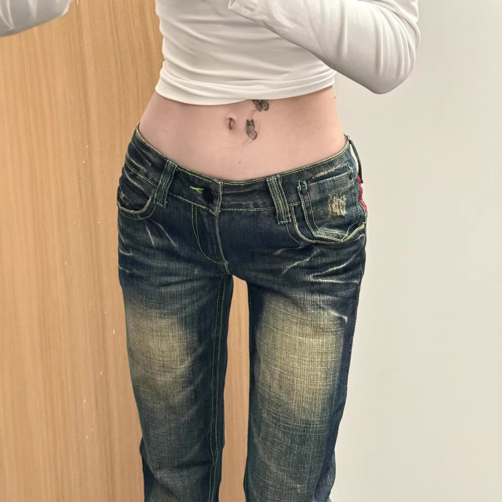 Y2k Vintage Low-Rise Distressed Jeans For Women - Baggy Straight Leg Denim Pants With Heavy Embroidery, Grunge Aesthetic_ecoleips.com