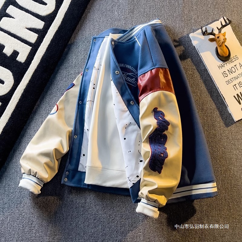 跨境美式重磅高街棒球服刺绣潮牌痞帅PU皮拼接夹克春秋飞行员上衣