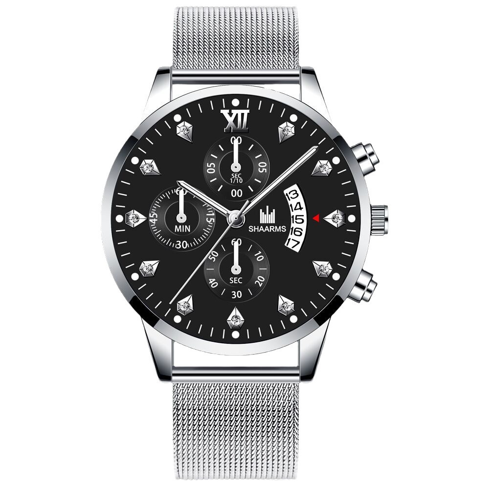 Wish Men's Quartz Watch Personalized Trendy Roman Scale Fake Three-Eye Alloy Mesh Strap Calendar Watch Men's Model