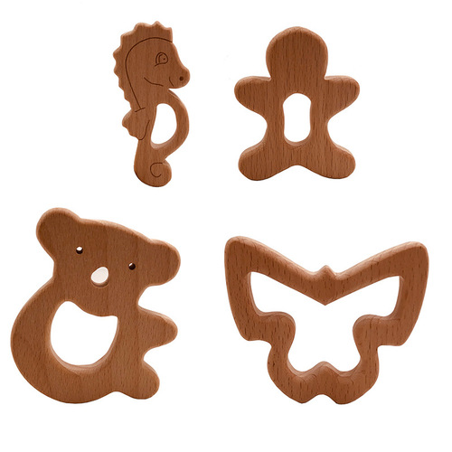 Factory direct supply beech cartoon animal baby wooden ring teether beech molar stick baby teething toy accessories