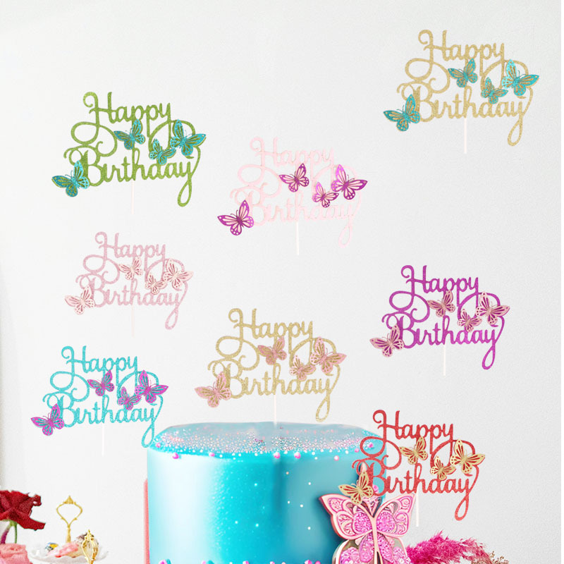 Decoración de fiesta postre multicolor horneado tarjetas feliz cumpleaños letras inglesas tarjetas mariposas