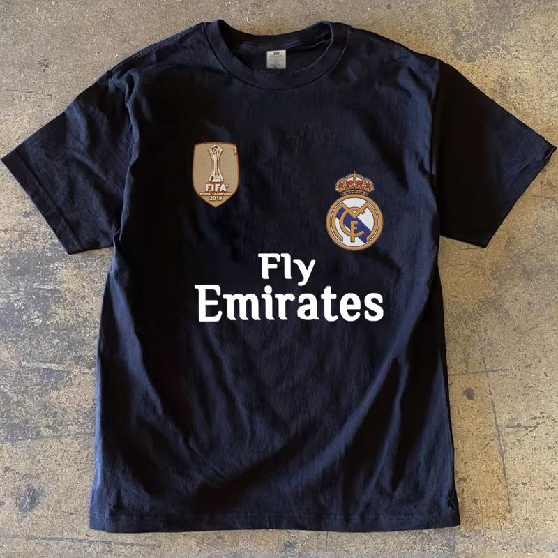 Cristiano Ronaldo Real Madrid Logo Football Print Heavyweight 250g Black Cotton American Men's Short-Sleeved T-Shirt Jersey Printed Short-Sleeved