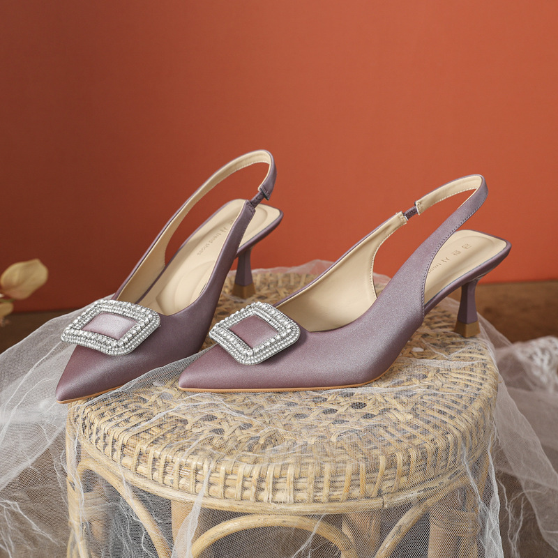 Spring Satin Purple High Heels Stiletto Elastic Band Back Hollow Pointed Toe Flats Women's White Soft Sole Non-Tiring Sandals