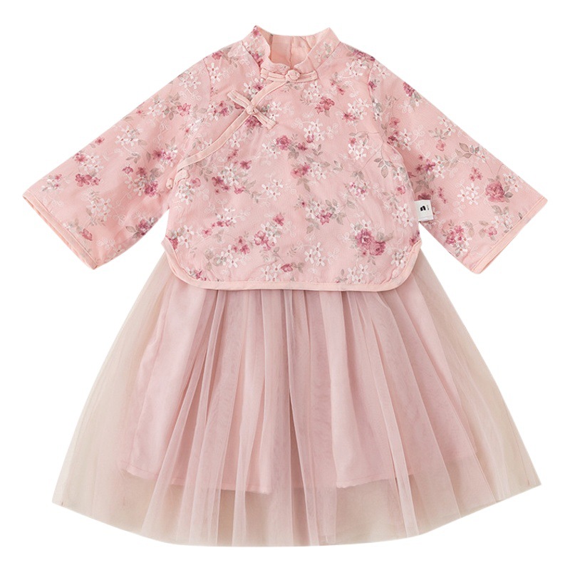 Ropa infantil Youbao, traje Hanfu para niñas, estilo chino, falda de malla bordada, conjunto de dos piezas, ropa festiva para niños de un año