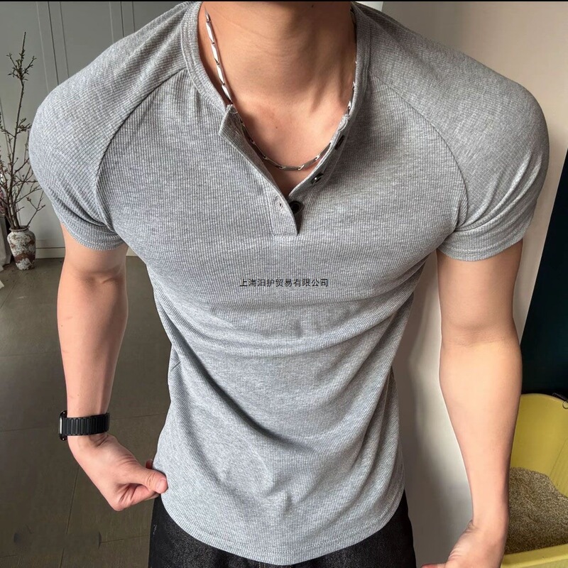 American-Style Slim-Fit Henley Collar Short-Sleeve Men's Summer Heavy-Duty Muscle-Enhancing T-Shirt Fitness Base Shirt Fashion Trendy Men's Wear