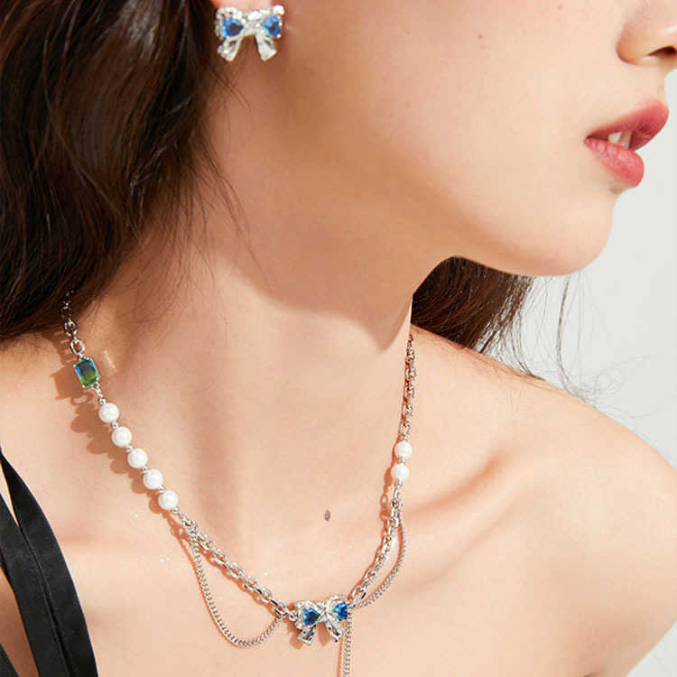 Simple Style Bow Knot Titanium Steel Patchwork Rhinestones Rings Earrings Necklace 1 Piece