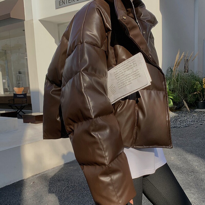In stock brown PU leather down jacket women's new winter women's stand collar short coat