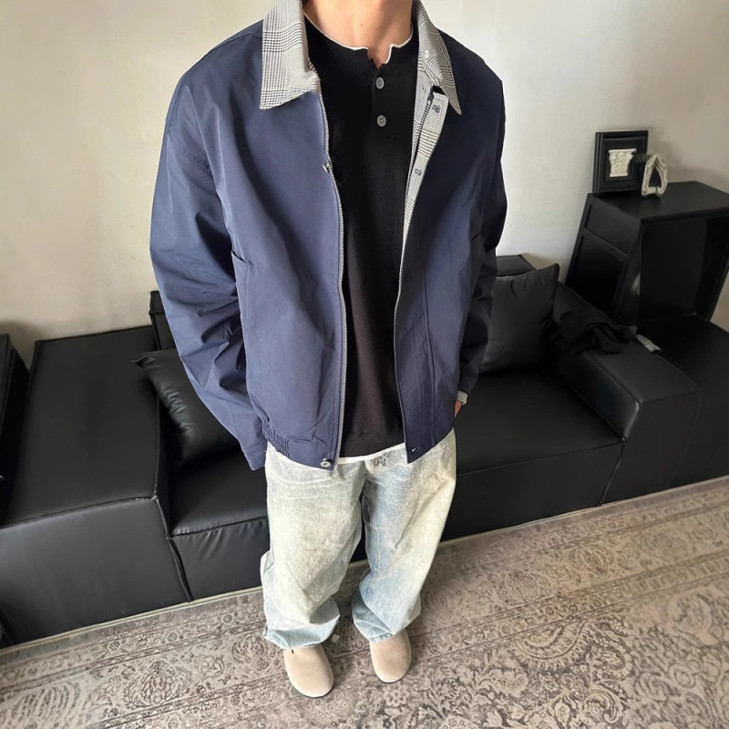 黑色格纹拼接假两件外套男生秋季翻领短款棒球服cleanfit飞行夹克|undefined
