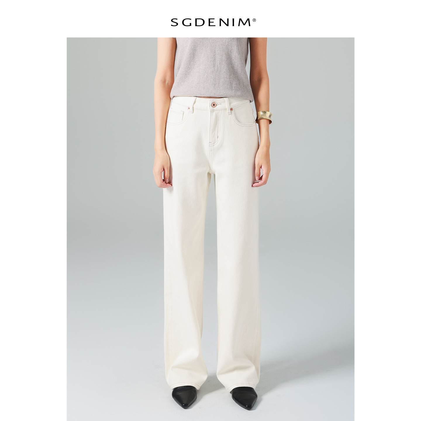 Basic/Four-Way Stretch Narrow Straight-Leg Jeans for Women, High-Waisted, White, Basic Style for Work Clothing, 25 Autumn New Style