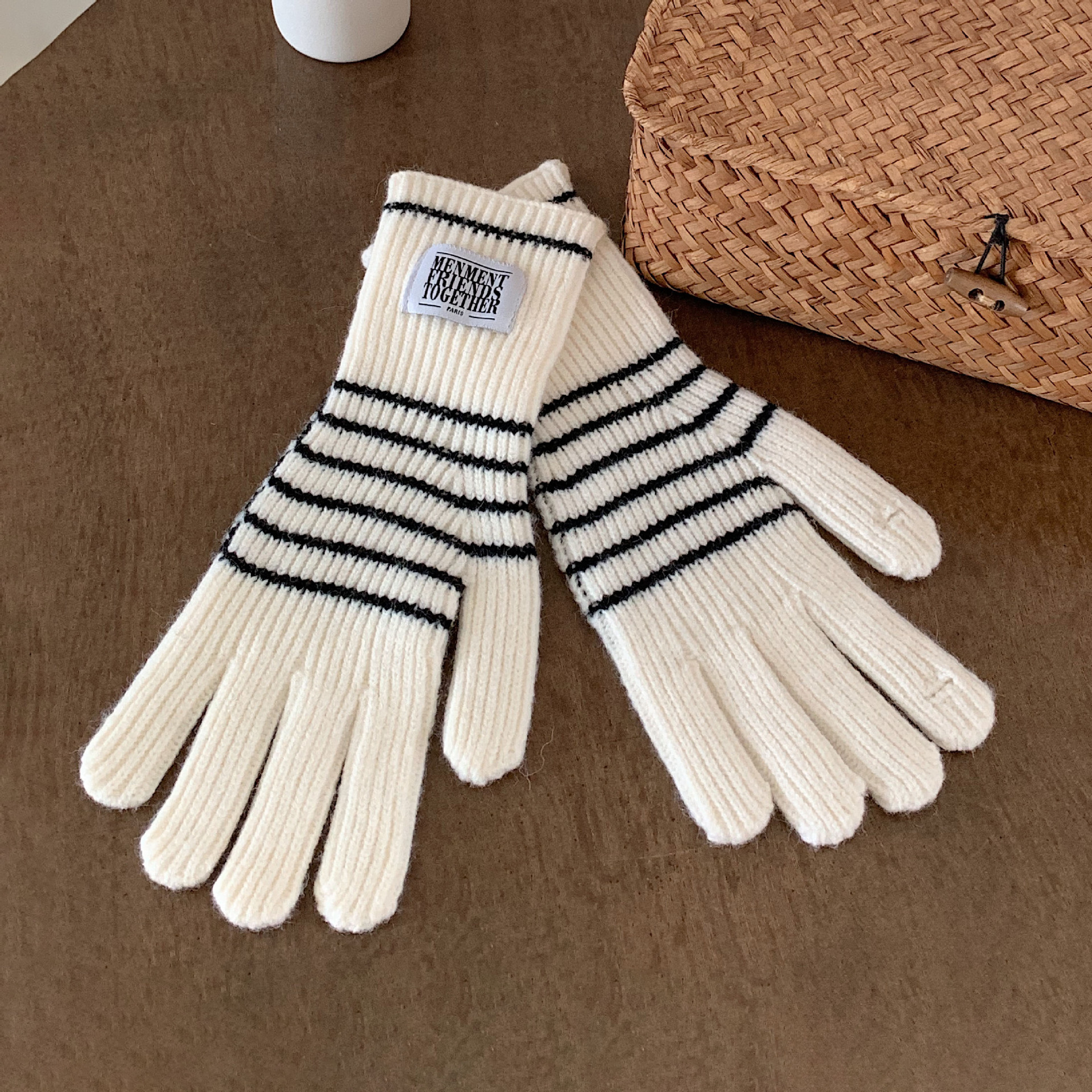 Guantes de punto a rayas coreanas personales de mujer guantes de dedo caliente pantalla táctil guantes de terciopelo ártico