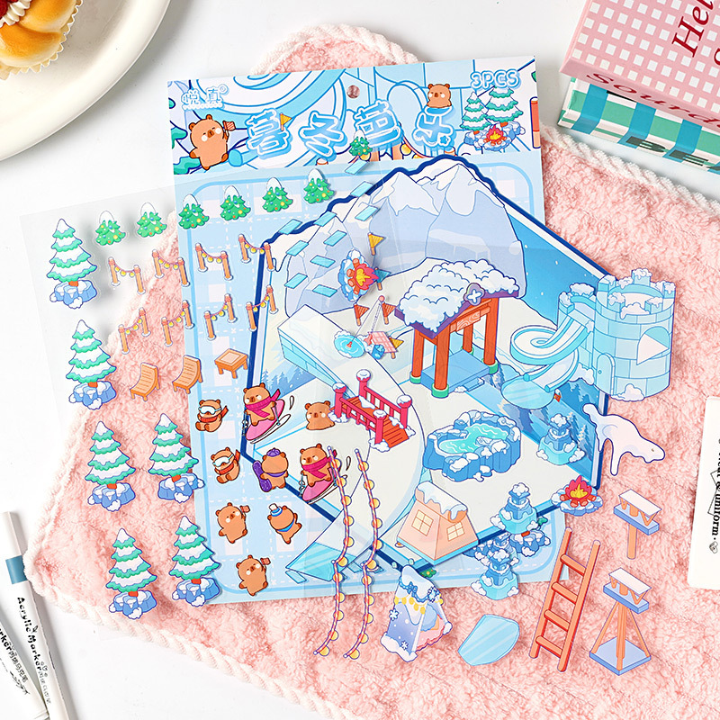 Cuatro estaciones para ti pegatinas de mascotas tridimensionales 3D grandes DIY creativas miniaturizadas dibujos animados decoración de la cuenta de mano pegatinas de acertijo