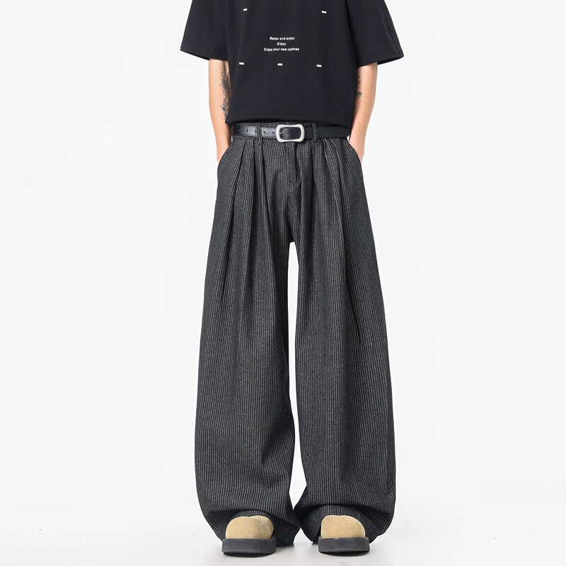 Men's Denim Trousers, New Summer Style, Pleated Striped Raw Denim Design, Workwear-Inspired Straight-Leg Drapey Wide-Leg Pants