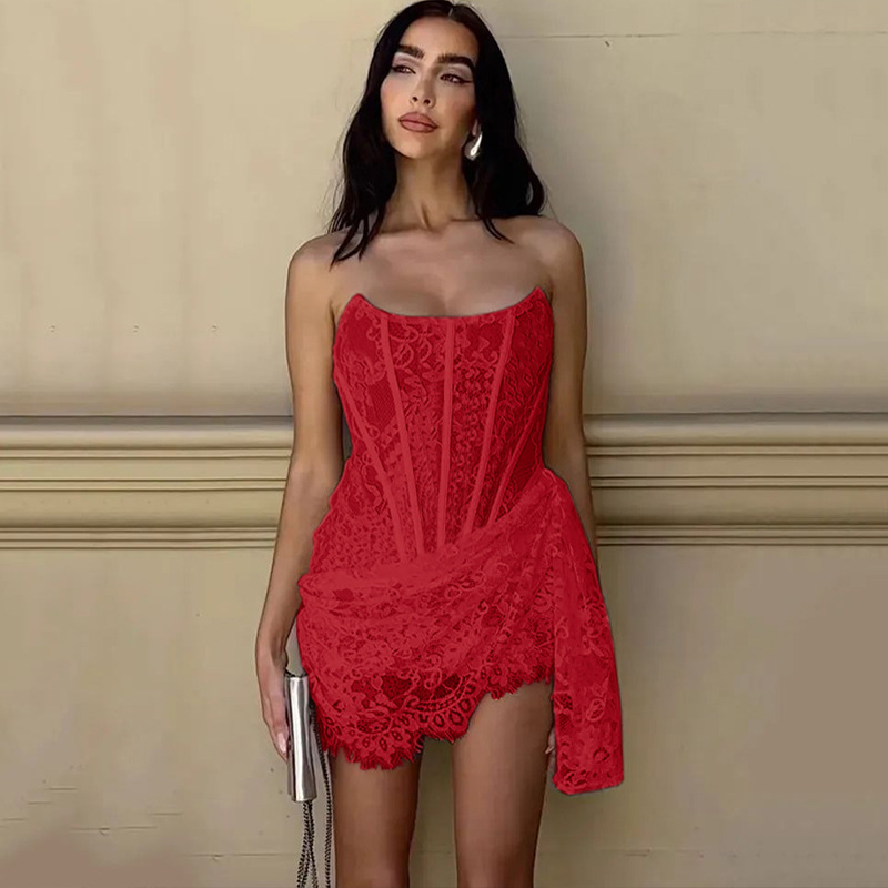 364g Weight Short Mini Dress Dress Length Type Sleeveless Sleeve Length Lace Dress Dresses Type Triacetate Fiber (Triacetate), Spandex Fabric Type Mid Waist Waist Line Holiday, Cocktail Party Occasion Strapless Neckline Slim Fit Type Christmas, Valentine'S Day Festival Lace Pattern Summer, Spring, Autumn Season Women's Gender Elegant, Sexy Style Wholesale Women's Elegant Sexy Lace Holiday Cocktail Party Strapless Sleeveless Lace Dress 17