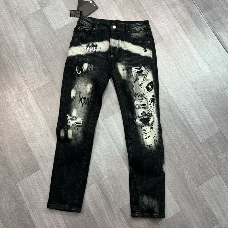 Cross-Border Men's Am Jeans Ripped Embroidered Five-Pointed Star Trendyy Elastic Slim-Fitting Pants High-End Casual Men's Pants Cross-Border Men's Am Jeans Ripped Embroidered Five-Pointed Star Trendyy Elastic Slim-Fitting Pants High-End Casual Men's Pants
