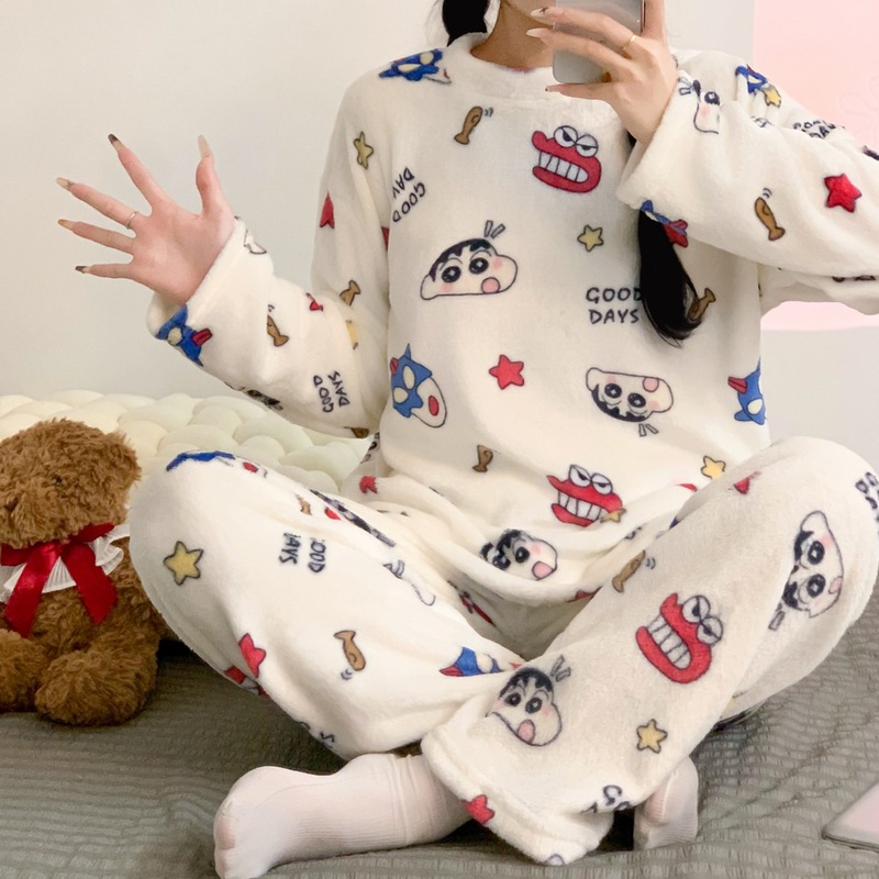 Ins Style Fleece-Lined Thickeneded Coral Velvet Winter Pajamas for Women in Autumn and Winter Cute Student Home Clothes Set That Can Be Worn Outside