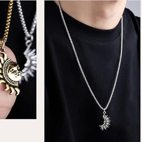 Sun And Moon Asymmetric Titanium Steel Necklace For Men_voghion.com