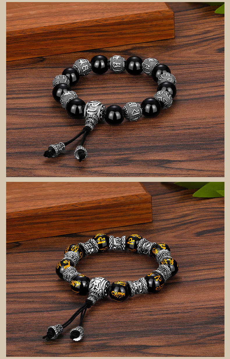 Bracciale unisex in argento thai con perline mantra e ossidiana_voghion.com