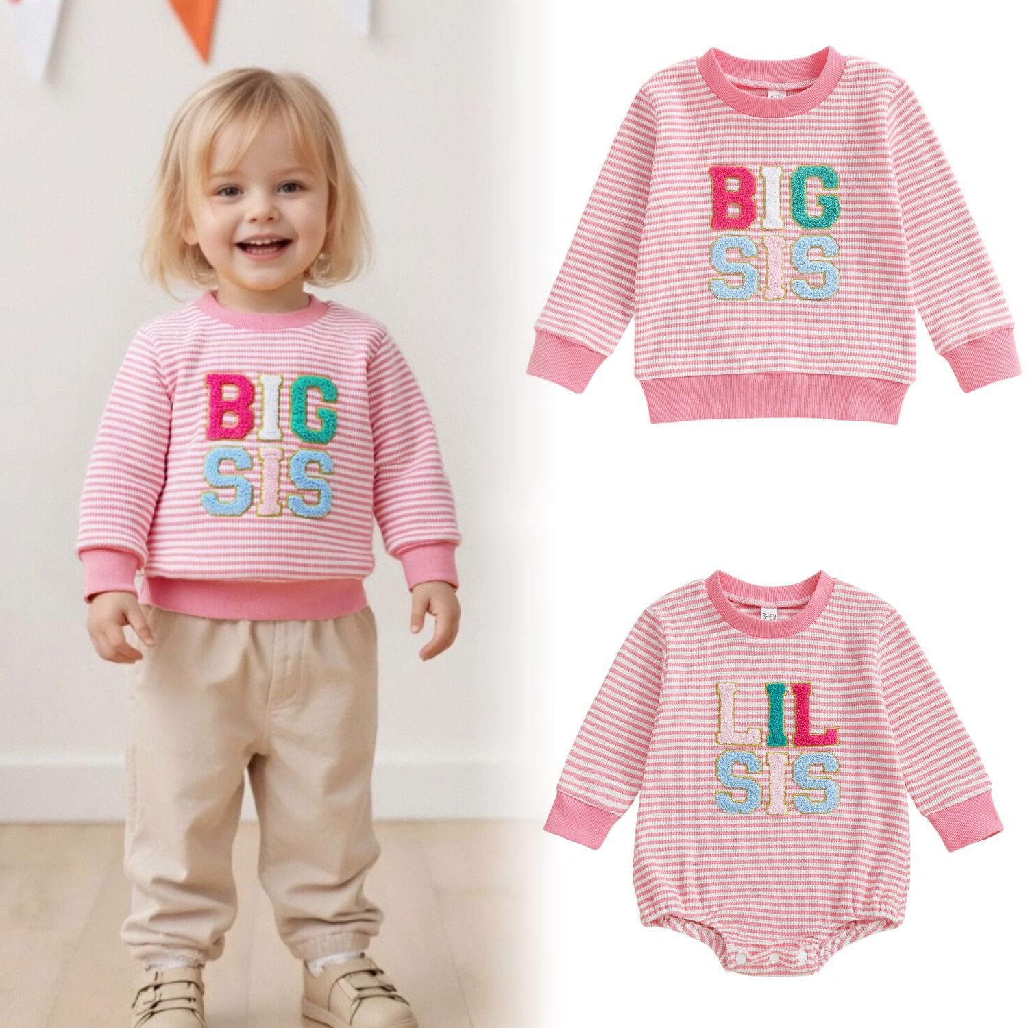 Combinaison-sweat à rayures gaufrées pour bébé fille (0-3 ans), avec broderie et inscription. Tenue d'automne style sœur._voghion.com