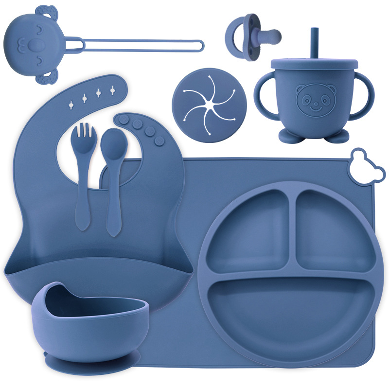 Juego de vajilla de silicona de una pieza, juego de diez piezas, plato de alimentación complementaria para bebés de seis meses, tazón de alimentación independiente para bebés