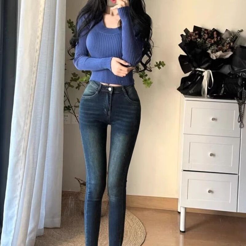 2025秋季韩版高腰紧身提臀牛仔裤女超显瘦弹力修身九分铅笔小脚裤|undefined