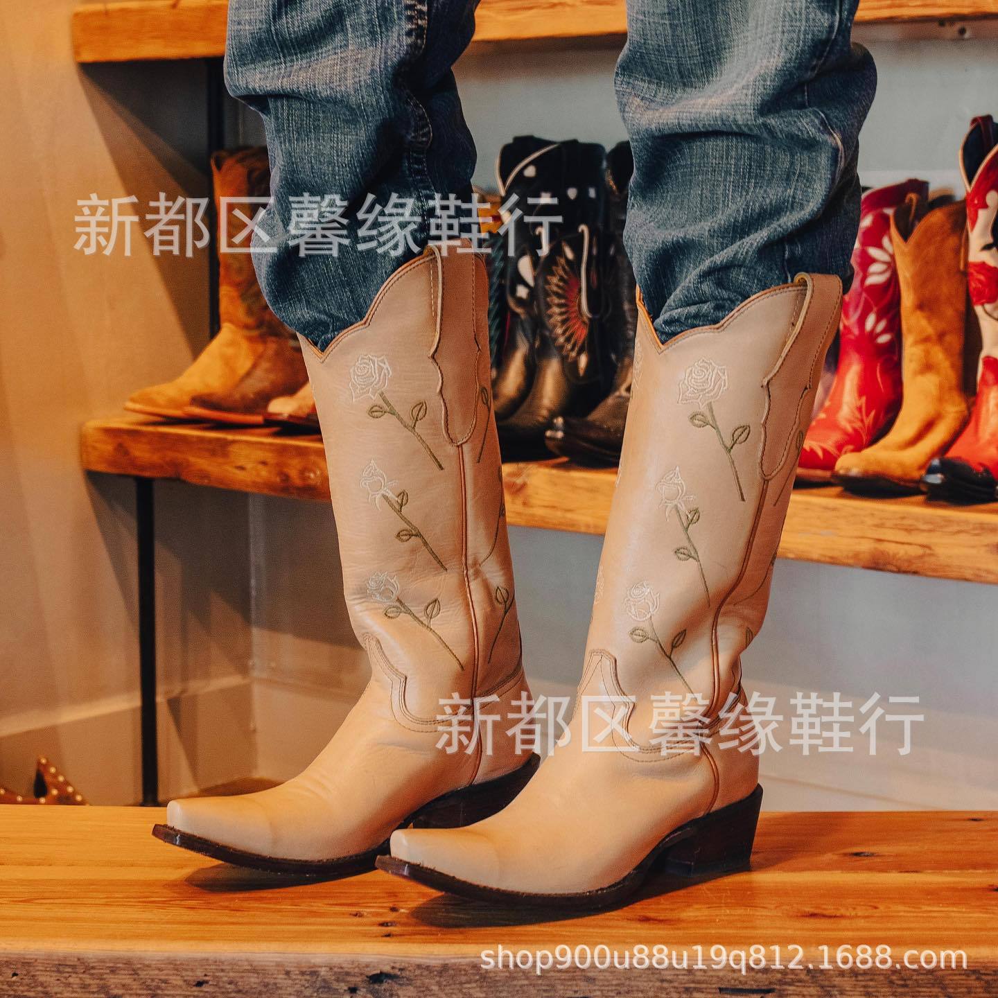 2023欧美跨境35-43大码粗跟中跟套筒花朵刺绣高筒靴皮靴女靴X622