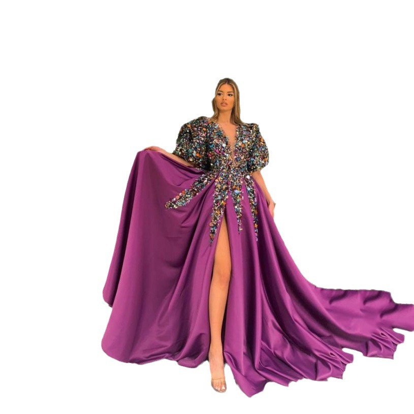 2025 primavera nuevo estilo transfronterizo vestido floral de mujer europea y americana con lentejuelas grandes con cuello en V dividido vestido de noche de banquete femenino