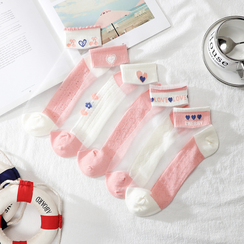 Socks Women's Korean-style Short Socks Ins Trendy All-match Thin Crystal Glass Silk Breathable Sweat-absorbent Student Boat Socks for Spring and Summer