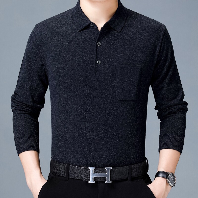 秋の新作中年男性長袖Tシャツニットボトムシャツリアルポケットラペルポロシャツトレンド8820|undefined