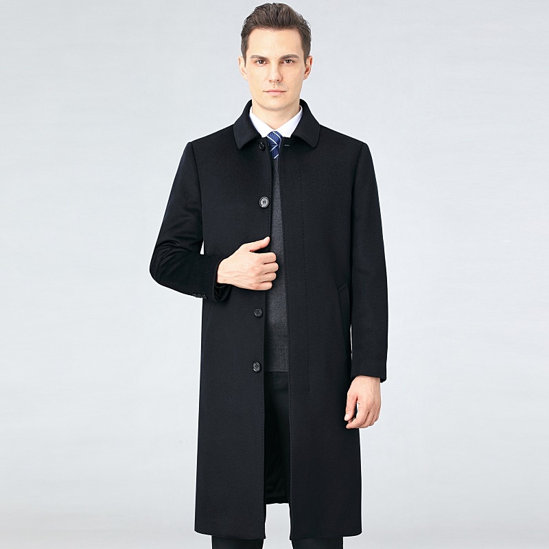 High-end double-sided cashmere overcoat for men, long winter style, over-the-knee, warm, middle-aged, down-filled, woolen coat.