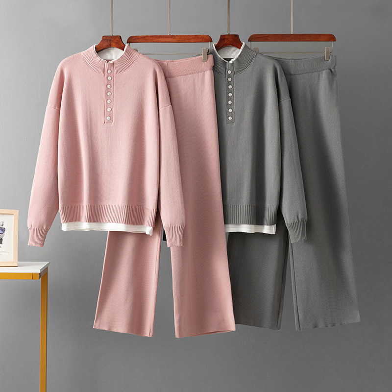 Damen Strick Zweiteiler Set Mit Lockerem Pullover Und Weiter Hose_voghion.com