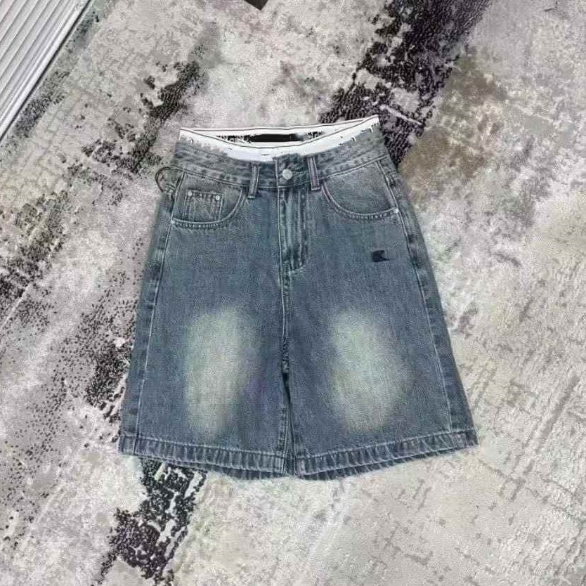 外贸2025夏季新款字母刺绣口袋蓝色牛仔短裤女宽松显瘦阔腿裤热裤