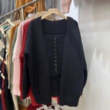 秋季韩系慵懒风麻花针织背心+v领宽松简约纯色开衫外套两件套装女