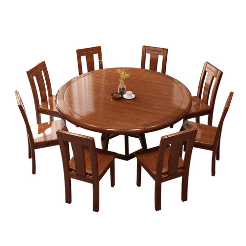 Walnut solid wood dining table and chair combination Chinese style household small apartment round table dining table for 6 people and 8 people revolving restaurant furniture
