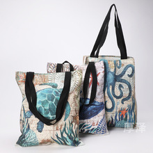 跨境专供海洋鲸鱼海龟印花单肩包环保帆布袋沙滩包时尚购物袋可定