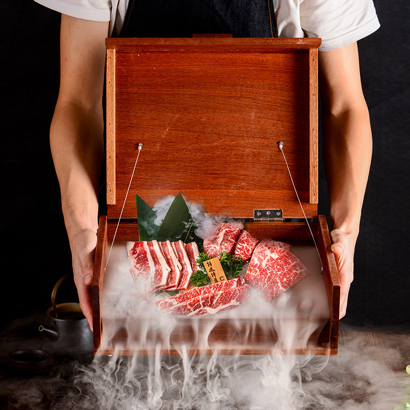 Online celebrity Japanese and Korean restaurant barbecue special smoke artistic dish creative wooden dry ice box hot pot tableware suit Online celebrity Japanese and Korean restaurant barbecue special smoke artistic dish creative wooden dry ice box hot pot tableware suit