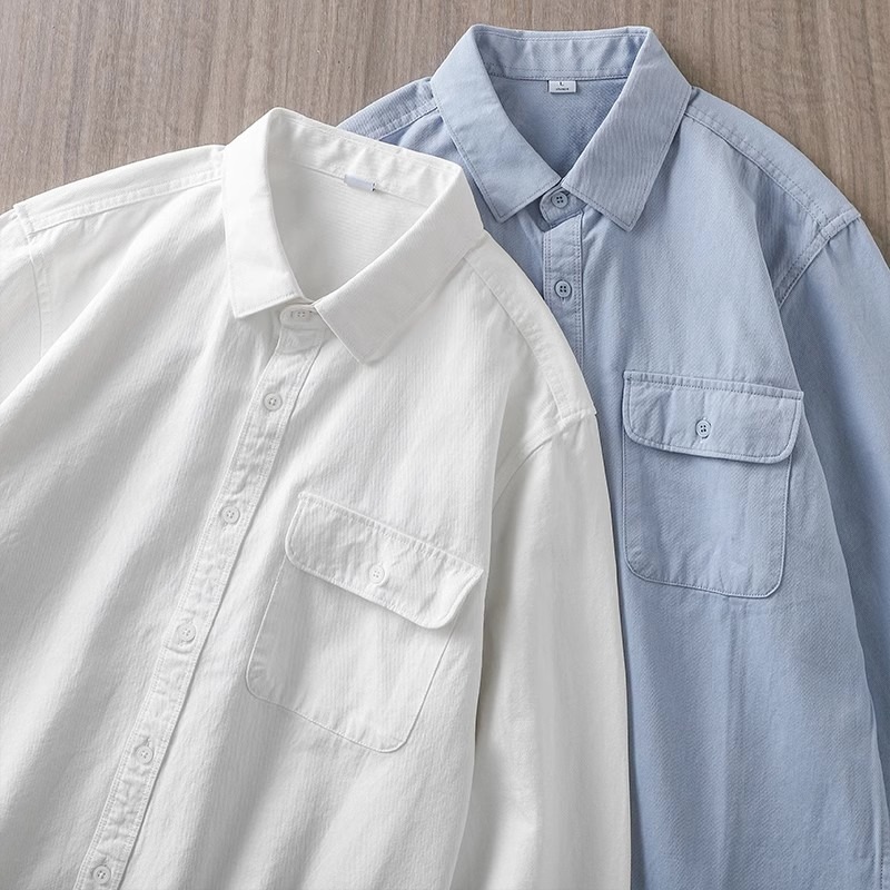 American Heavy-Duty Work Shirt Long-Sleeved Men's Spring and Autumn Pocket Pure Cotton High-End White Shirt Jacket