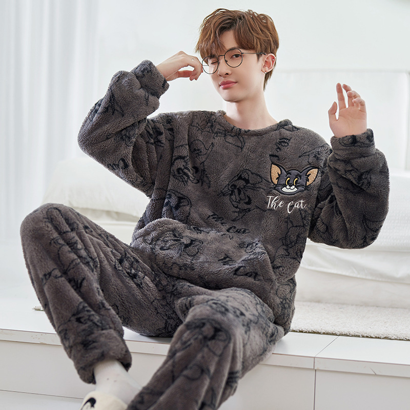 Pijamas de invierno de los hombres de coral de lana engrosada forrada de lana cálido desgaste del hogar traje de dibujos animados de franela Jersey de invierno de los hombres