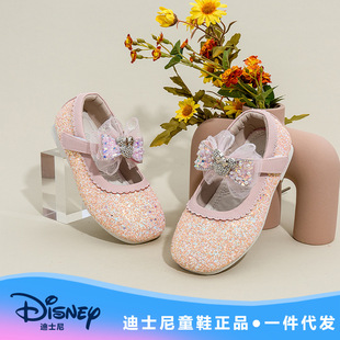 Disney Girls' princess shoes 2023 autumn new little girl bow sequined leather shoes performance crystal shoes