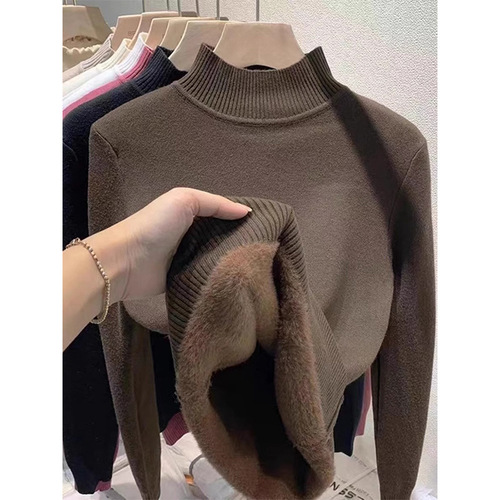Winter One-Piece Fleece-Thickened Turtleneck Knitted Base Layer Top for Women—Warm Innerwear Korean-Style Soft and Fluffy Basic Sweater