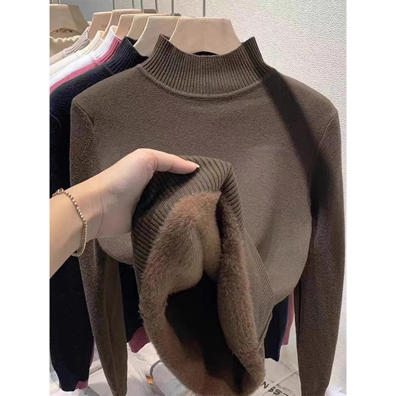 Winter One-piece Velvet Thickened High Neck Knitted Base Shirt Women's Warm Inner Top Korean-style Soft Waxy Basic Sweater