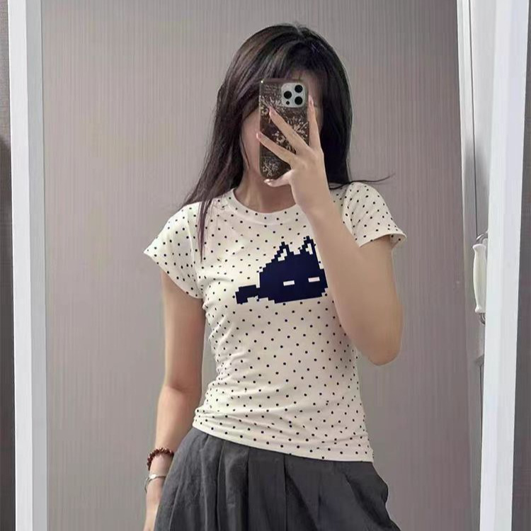 Yeyuan Kitty Polka Point Shoulder Short-sleeved T-shirt Women's Cute Sweet Style All-match Slim-fit Spice Girl Niche Student Top