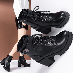 Foreign Trade Large Size 23 Autumn New Lace-up Round Toe Buckle with Thick Bottom Short Tube Women's British Style Fashion Trend Martin Boots